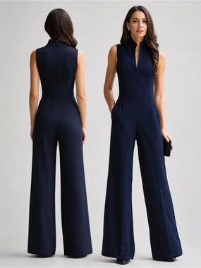 Mooyius Navy Sleeveless Plunge Neck Wide Leg Jumpsuit Size S NWT